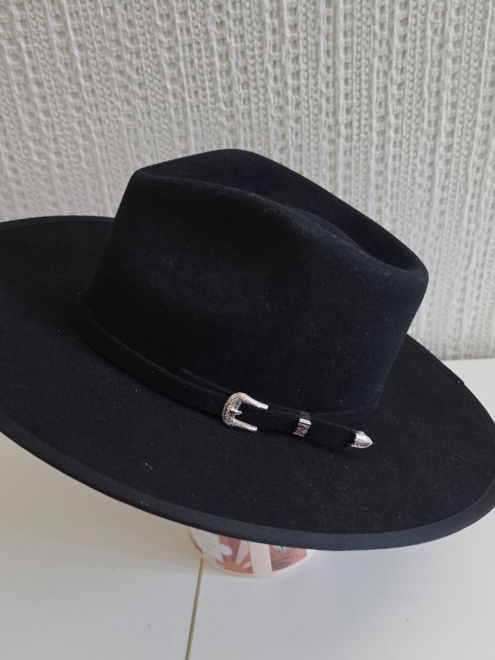 Black Wide Brim Western Hat Floral Celestial Under Brim Buckle Boho Cowboy Hat - Picture 5 of 12